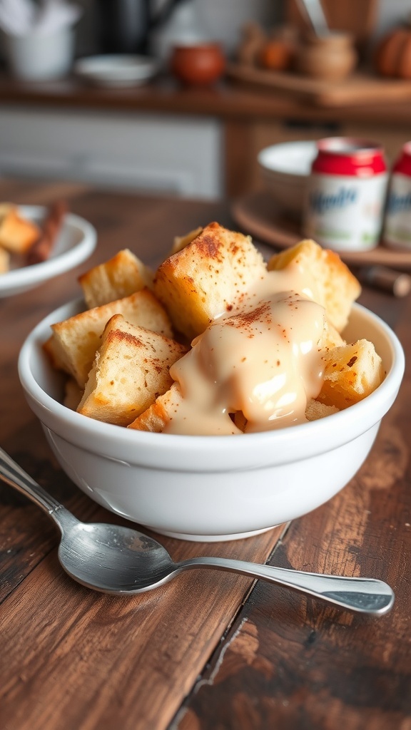 Warm bread pudding topped with vanilla sauce and cinnamon, served in a bowl on a wooden table.